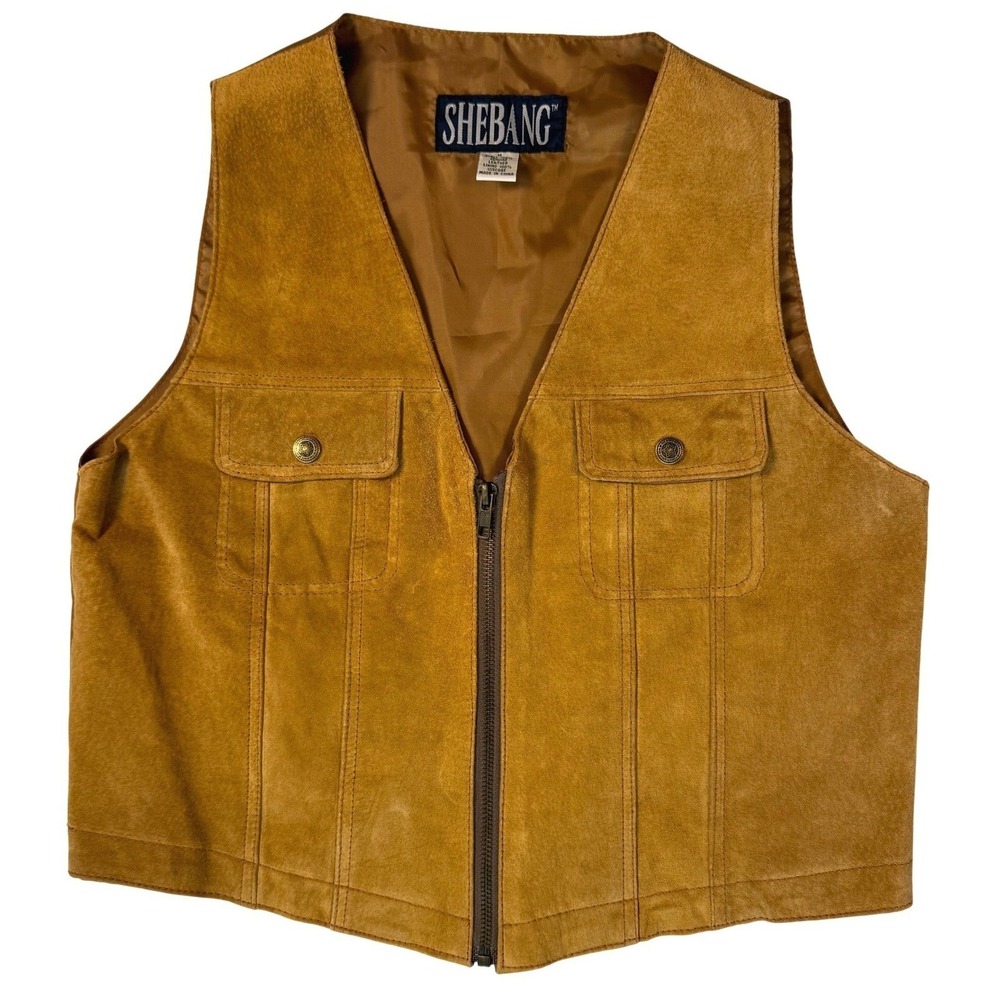 VINTAGE Western Womens Genuine Leather Suede Vest Tan Zipper Pockets Size M‎
